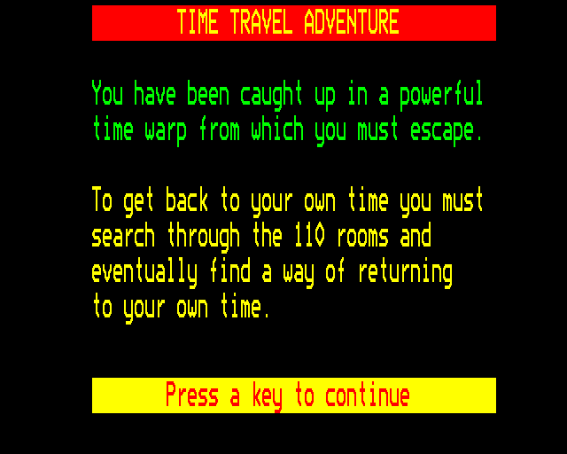 Time Travel Adventure (BBC Micro) screenshot: Instructions