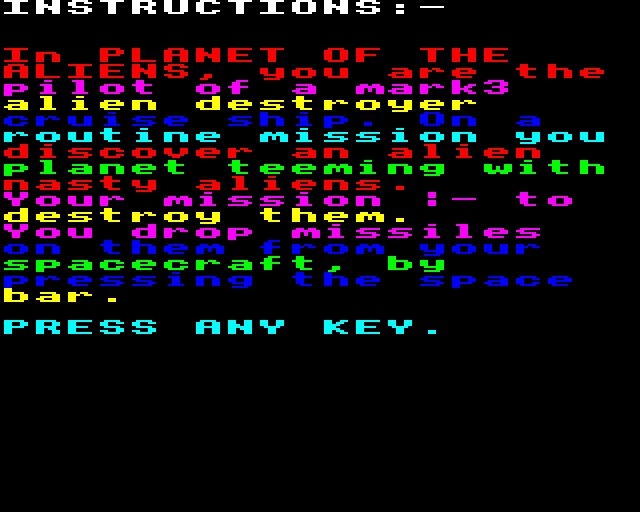 Alien Planet & Car Wars (BBC Micro) screenshot: Planet of the Aliens: Instructions