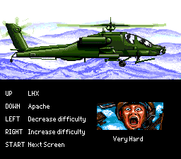 LHX: Attack Chopper (Genesis) screenshot: Difficulty/helicopter choose