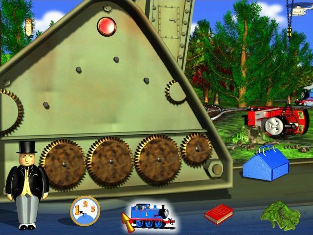 Thomas & Friends: Trouble on the Tracks (Windows) screenshot: Thomas has brought the crane to lift James back onto the track but it was a bumpy journey and the cogs have fallen off. This mini game is about putting them back in their correct places