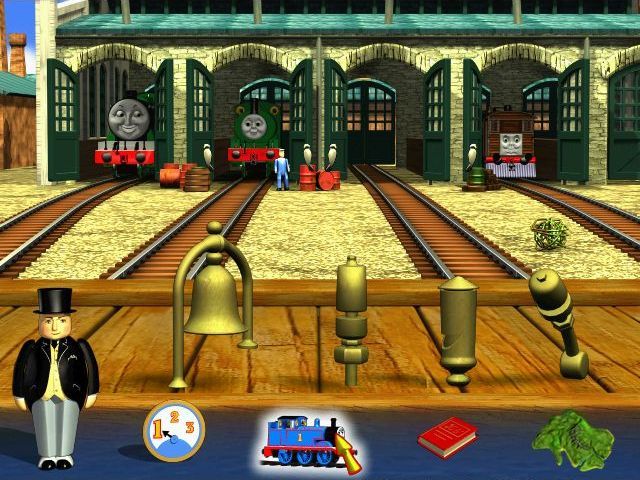 Thomas & Friends: Trouble on the Tracks (Windows) screenshot: This is an elimination game. James needs a new whistle. There are four whistles here and three of them sound like the whistles of the trains in the shed, eliminate those and the one that is left is for James