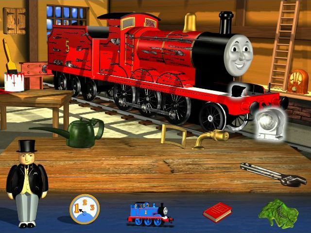 Thomas & Friends: Trouble on the Tracks (Windows) screenshot: James is in the engine shed for repairs. His new bumper, lamp, window and whistle have to be installed then his wheels need tightening and oiling. Finally he needs a new coat of red paint