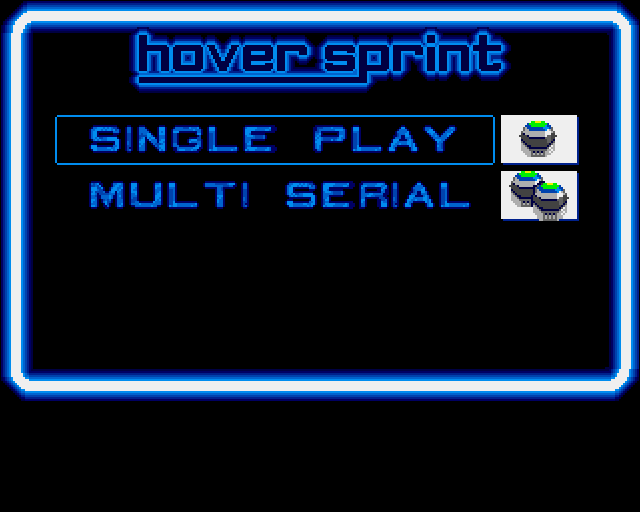 Hoversprint (Amiga) screenshot: The game has the option to play using a serial cable or modem, which is quite unique for an Amiga game