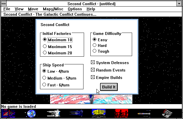 Second Conflict (Windows 3.x) screenshot: Setting up a new game (2)