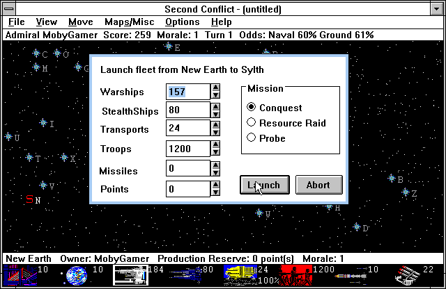 Second Conflict (Windows 3.x) screenshot: We launch an attack on another system