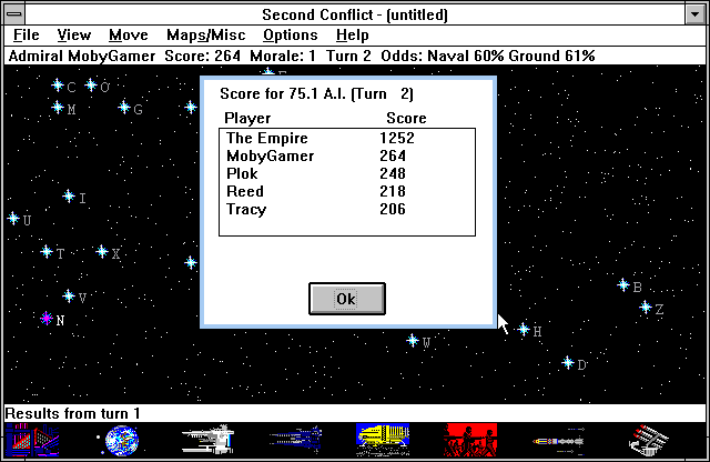 Second Conflict (Windows 3.x) screenshot: After each turn, the faction score is updated