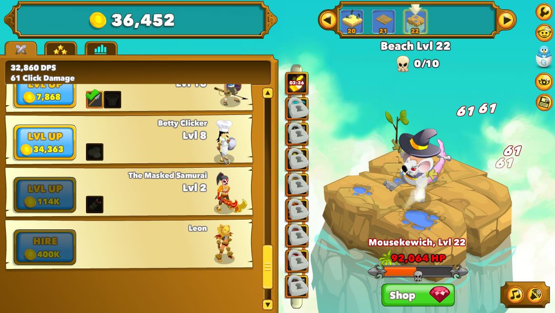 Clicker Heroes (Browser) screenshot: When new heroes become available, they always seem to have an impossible to unlock, but you just have to be patient.