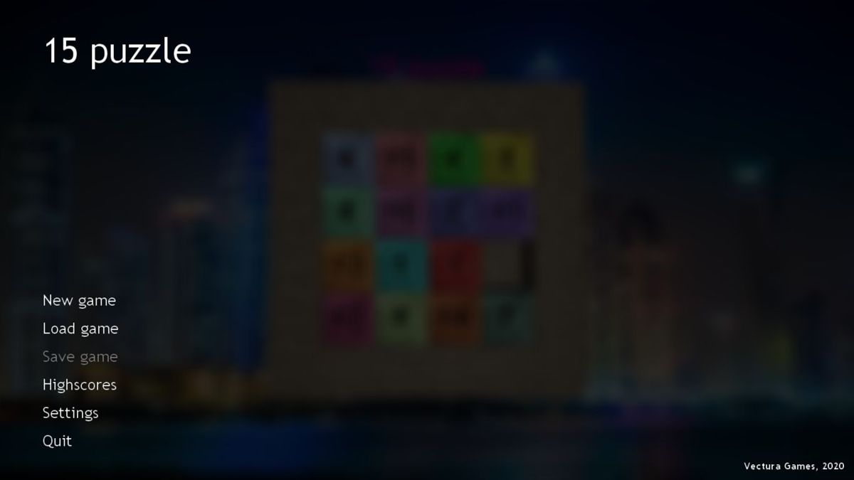 15 Puzzle (Windows) screenshot: The title screen and menu