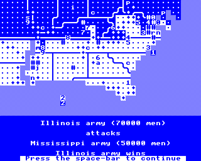 Battlefields (BBC Micro) screenshot: Blue & Grey: Illinois Army Wins