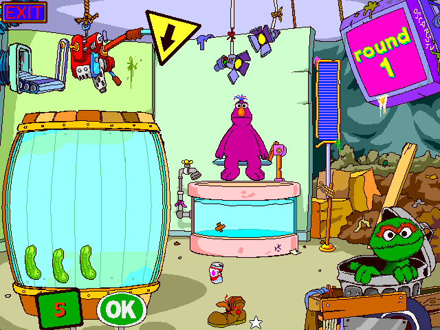 Sesame Street: Get Set to Learn (Windows 3.x) screenshot: Throwing the shown number of pickles into the barrel