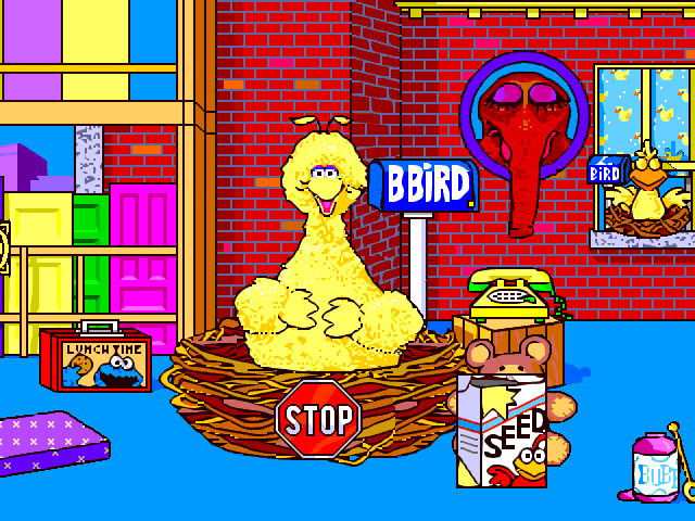 A Visit to Sesame Street: Numbers (Windows 3.x) screenshot: Listening to Big Bird's clues to find a hidden item