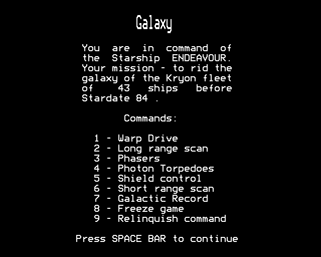 Games of Strategy (BBC Micro) screenshot: Galaxy: Task