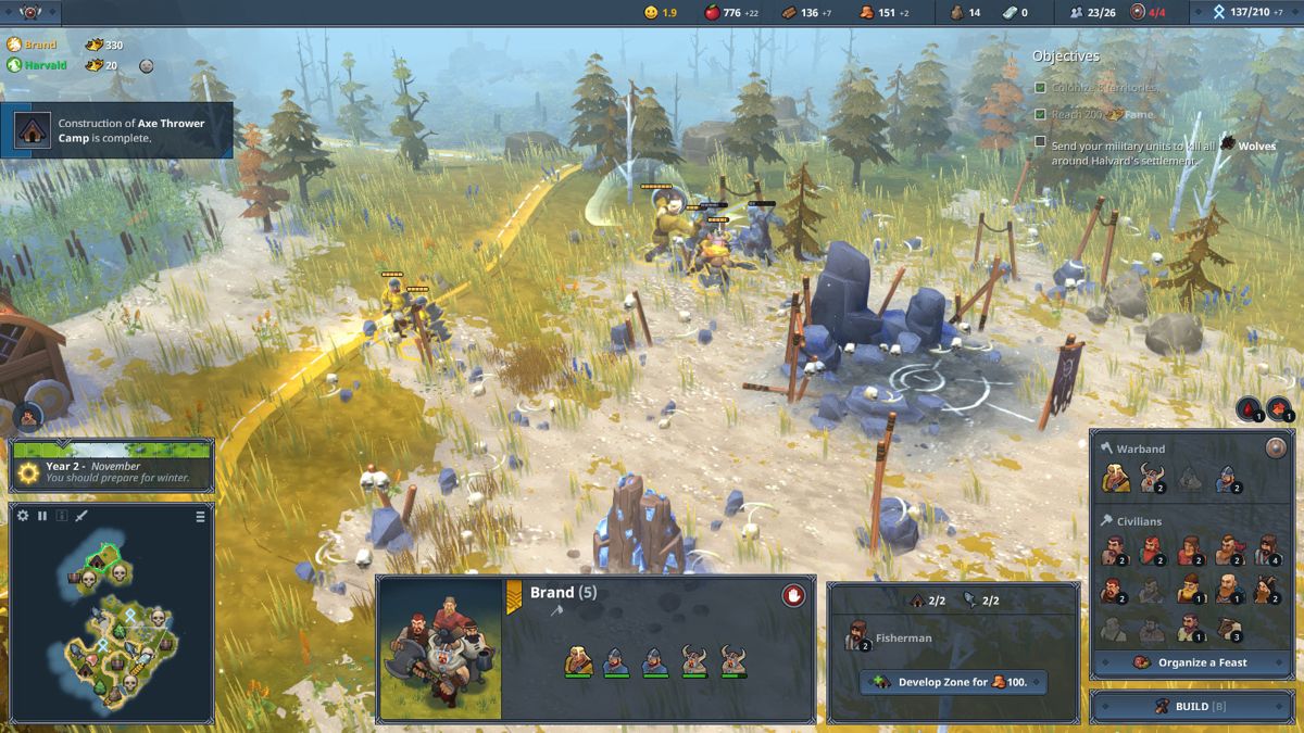 Northgard (Windows) screenshot: A bit of a close-up as the player's warriors take care of a bunch of draugr (undead creatures).