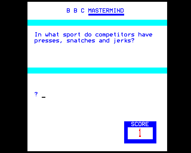BBC Mastermind (BBC Micro) screenshot: Weight Lifting