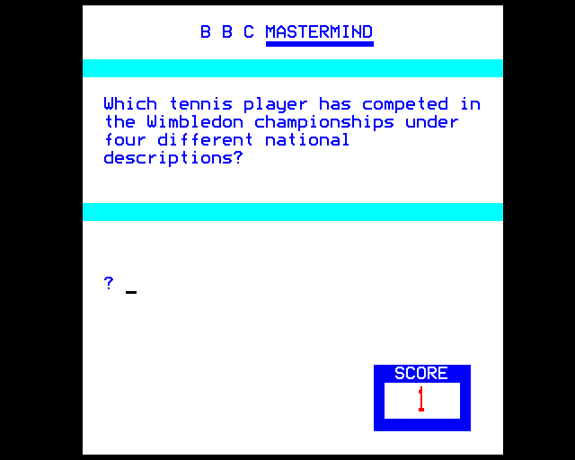BBC Mastermind (BBC Micro) screenshot: These are Tough Questions
