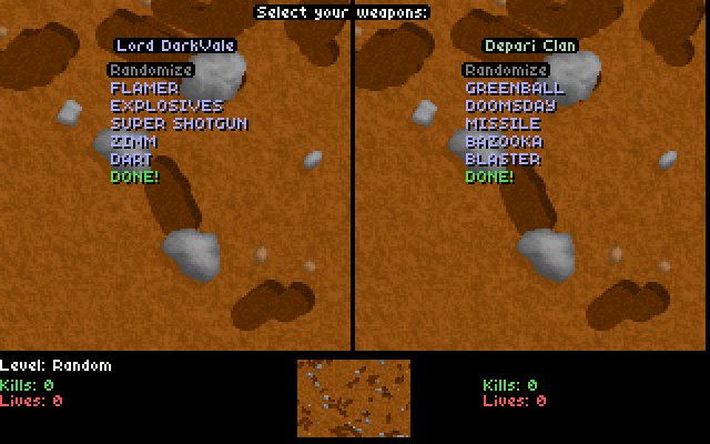 Liero (DOS) screenshot: Saddle Up! Lock and Load!
