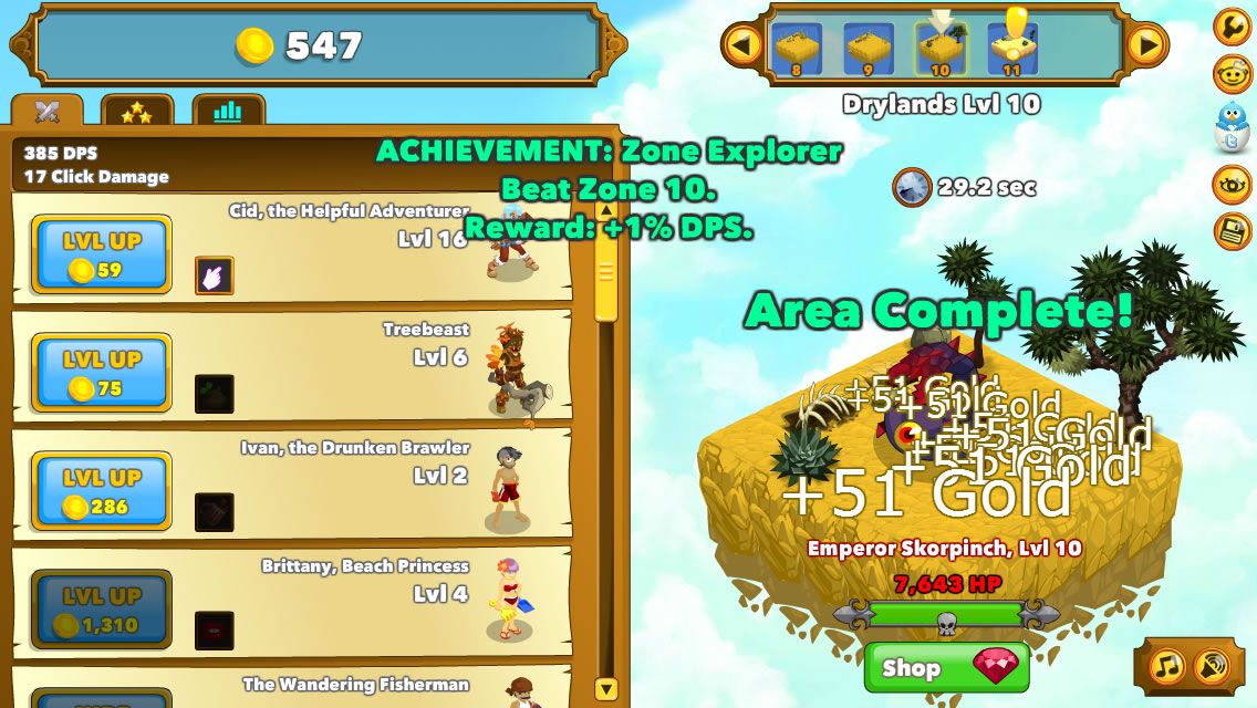 Clicker Heroes (Browser) screenshot: An achievement has been unlocked and you receive some extra DPS.