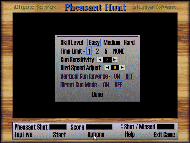 Pheasant Hunt (Windows 3.x) screenshot: A look at the options