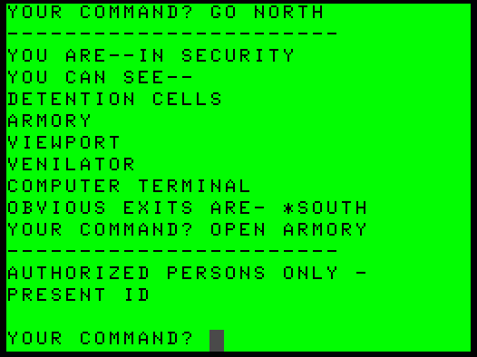 Trek Adventure (TRS-80 CoCo) screenshot: There is a number of locked doors around. You need to use a keycard to be allowed in.