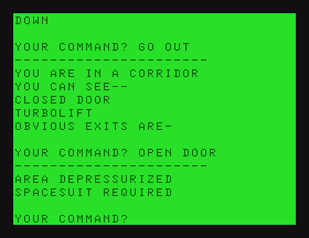 Trek Adventure (TRS-80 MC-10) screenshot: You cannot go beyond this point, unless you slip into your spacesuit. If you happen to have one, that is.