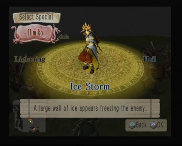 Kessen II (PlayStation 2) screenshot: Selecting Himiko's special magic attack