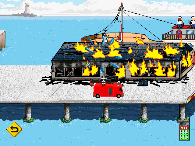 Tonka Search & Rescue (Windows 3.x) screenshot: Here we use the fire truck to put out the fire