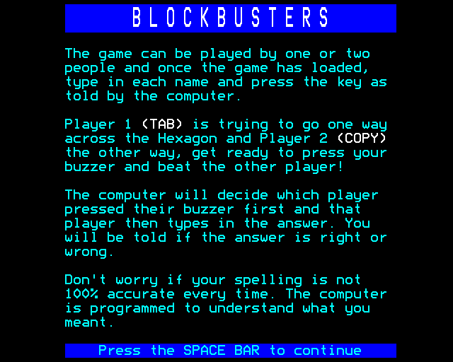 Blockbusters (BBC Micro) screenshot: Instructions