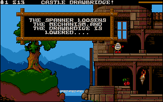 Dizzy: Prince of the Yolkfolk (Atari ST) screenshot: A drawbridge.