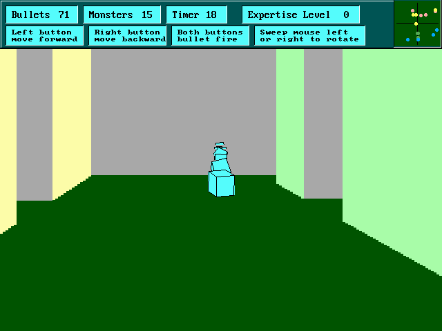 Maze Wars (DOS) screenshot: Those cube-like things are my bullets