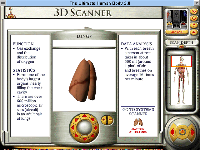 The Ultimate Human Body 2.0 (Windows 3.x) screenshot: We reached this page through the 3D scanner