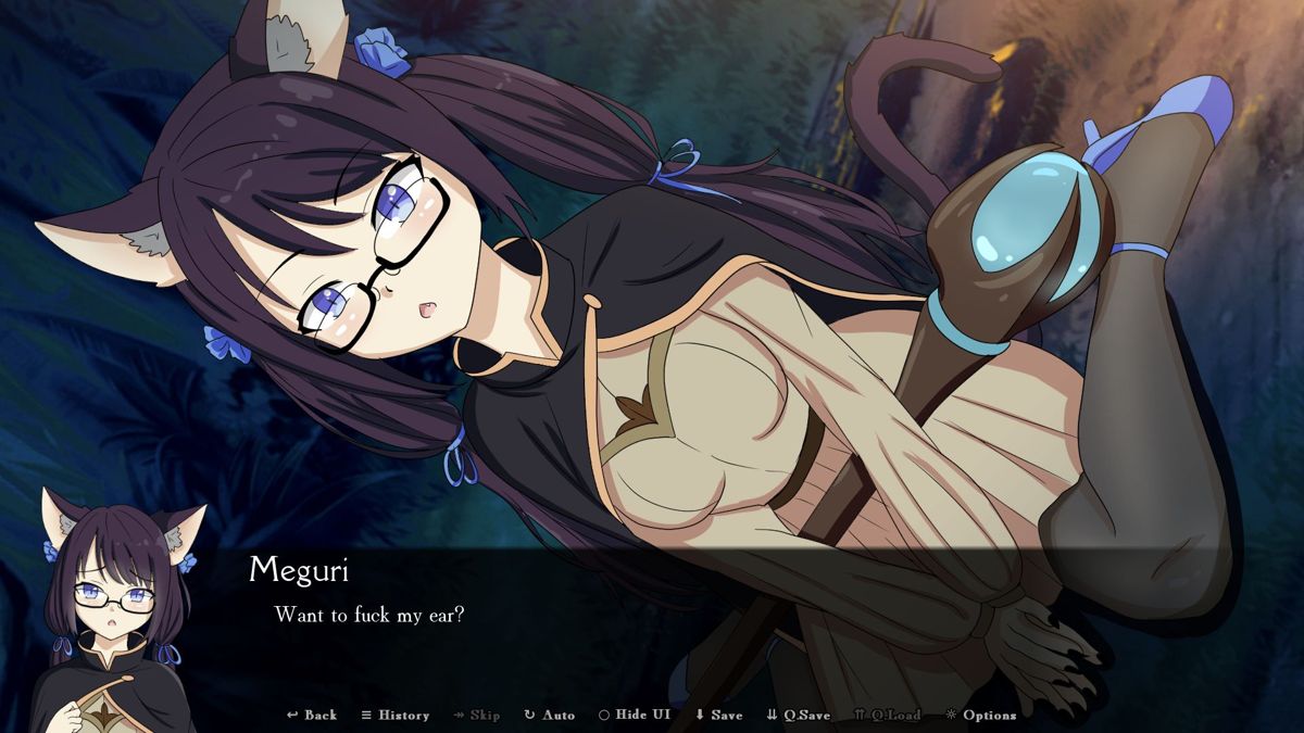 Dungeon Core Master (Windows) screenshot: Demo version: Meguri is a Neko. Her ears are her erogenous zones. This is all about team building and stress relief