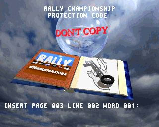 Rally Championships (Amiga) screenshot: Copy protection screen (AGA version)