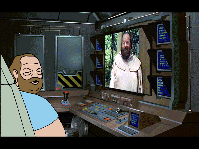 We Are Angels (Windows 3.x) screenshot: Animated Bud Spender talks with real Bud Spencer