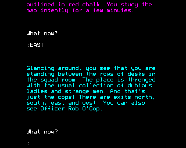 Cops (BBC Micro) screenshot: Exploring the Police Station