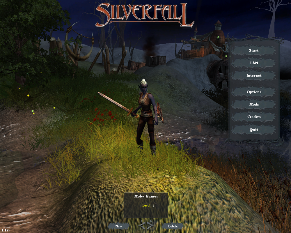 Silverfall (Windows) screenshot: Your last played character will now be visible in the game startup screen, with the current equipment shown