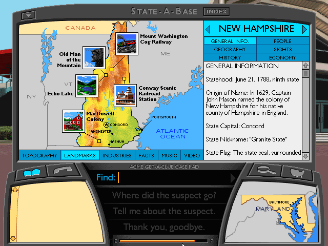 Where in the U.S.A. Is Carmen Sandiego? (Windows 3.x) screenshot: Looking up information about US states