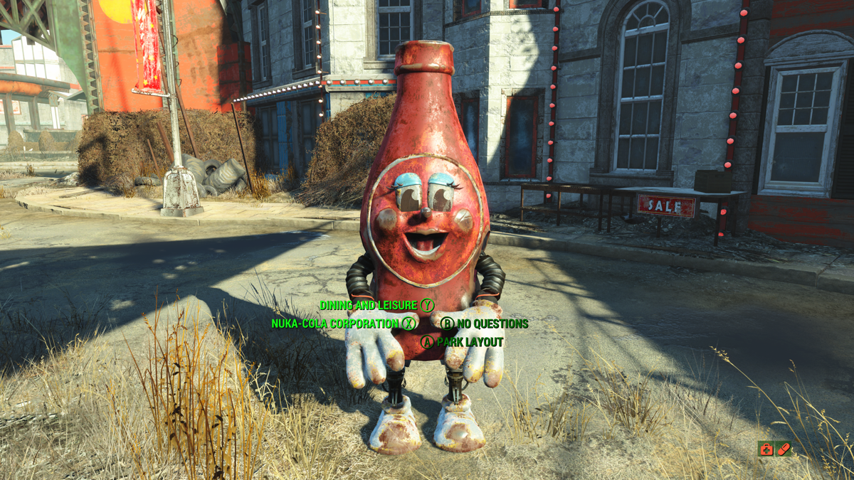 Fallout 4: Nuka-World (Xbox One) screenshot: N.I.R.A. (Nuka-World Informational Robot Assistant) is serving as a tour guide in Nuka-World.