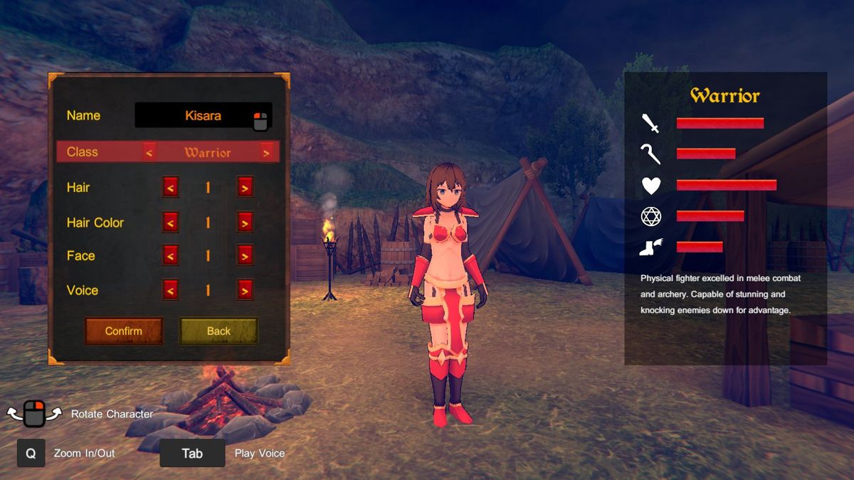 Eternal Dread III (Windows) screenshot: Character selection. The available classes are Warrior, Ranger, Mage, Battle Mage, Sage and Rogue. There are several voice types but so far I have heard nothing, there's not even a sample to aid making the choice
