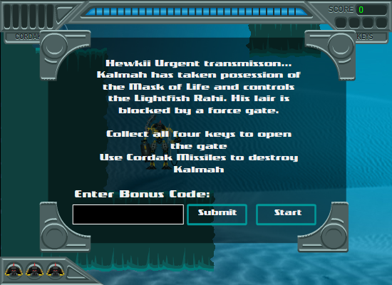 Bionicle Mahri: Hewkii (Browser) screenshot: At the beginning of a level, you're able to enter a Bonus Code to unlock hidden areas.