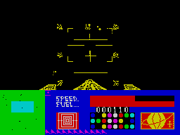 3D Space Wars (ZX Spectrum) screenshot: Level 1 - firing at unusual structure. (it happens it's a fuel station)