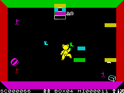Ah Diddums (ZX Spectrum) screenshot: Box 4 - Oh no! The locomotive will destroy the work of my life! Stacking Steps!!
