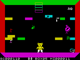 Ah Diddums (ZX Spectrum) screenshot: Box 5 - many tin soldiers, a locomotive, something like a squid or a flying womb, or a fed tick waiting to burst on everyone's face, or a... (ENOUGH!)