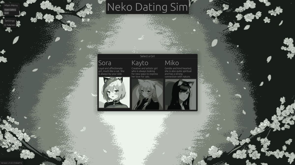 Neko Dating Sim (Windows) screenshot: The title screen and menu. The only SETTINGS option is to play full screen