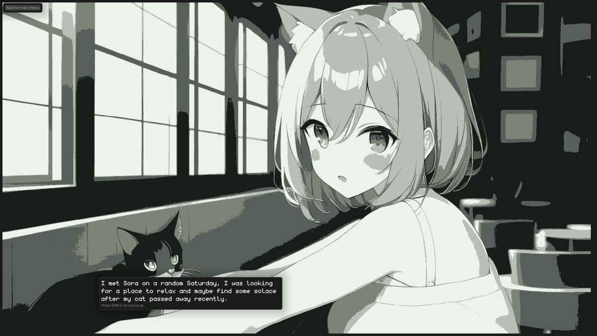 Neko Dating Sim (Windows) screenshot: The game plays like a visual novel. Here I am meeting Sora for the first time. I need to press SPACE to continue the story