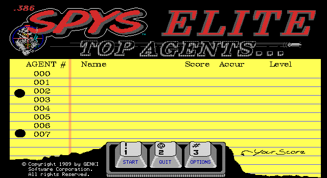 .386 Spys (DOS) screenshot: Main menu / High-score list