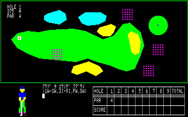 The Golf (PC-88) screenshot: Starting at the tee. Upon starting you are asked to select from the following clubs: 1W-3W, 3I-9I, PW and SW.