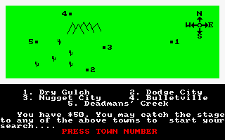 The Wild Bunch (Amstrad CPC) screenshot: Map of the area. Select the next town to visit