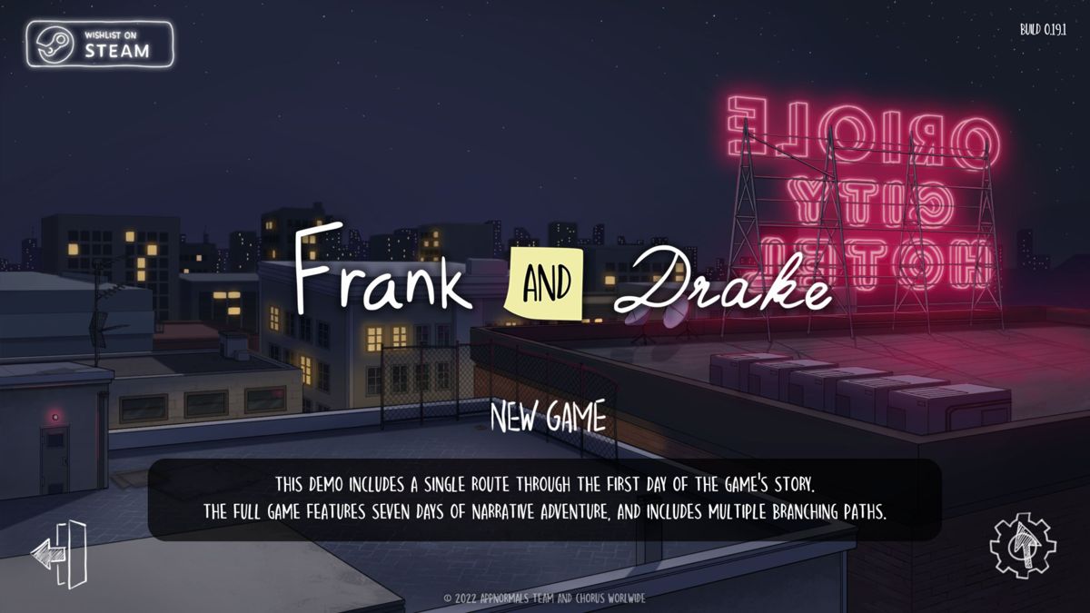 Frank and Drake (Windows) screenshot: Game Demo: The title screen and menu. This scene has a day/night cycle