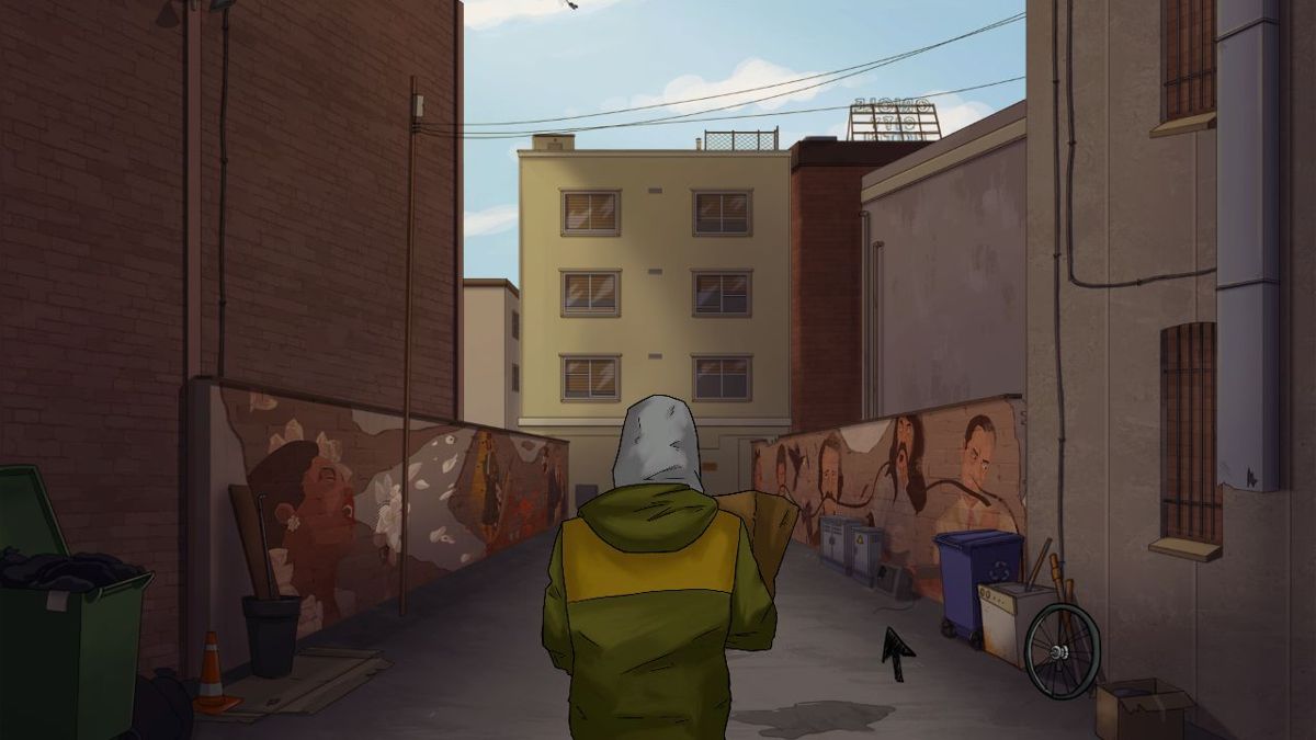 Frank and Drake (Windows) screenshot: Game Demo: This screenshot is from the introduction. One of the characters is walking down a seemingly random alley but be alert for anything that light sup as the cursor passes over it