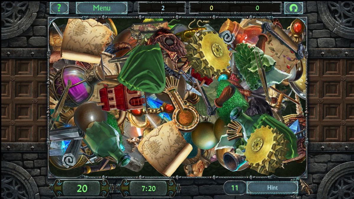 A Plot Story (Windows) screenshot: This is what a timed puzzle looks like. If the puzzle has to be replayed the player is presented with a different set of items. The blue gems charge the hint button.